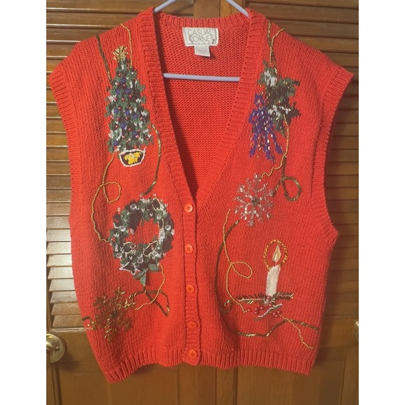 Casual Corner Sweaters - Vintage Casual Corner Christmas Sweater Vest Women's L Red Knit Holiday Sweater